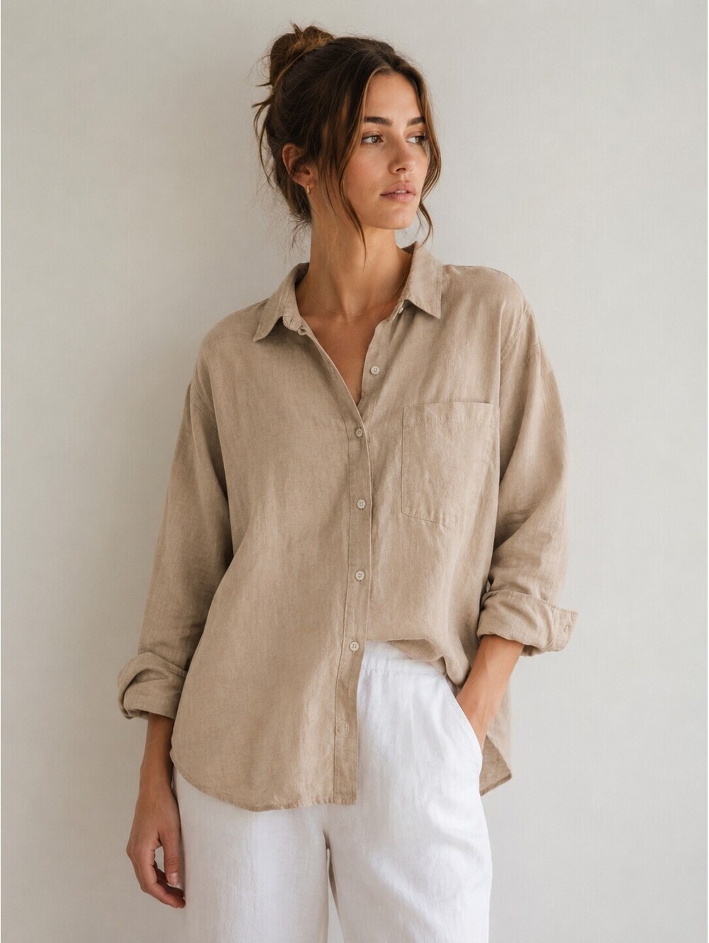 Zara 100% Linen Beige Oversized Button Down Shirt Women’s XS Pocket